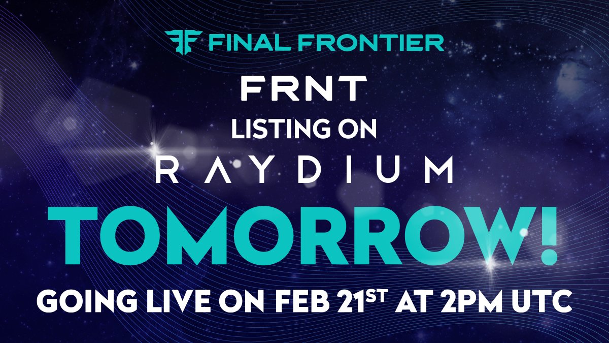 FinalFrontierSA's tweet photo. Everyone get buckled up, and see you on @RaydiumProtocol tomorrow for the launch of $FRNT! The #Metaverse is legendary and Final Frontier is here to stay! https://t.co/HH8x7phMU8
