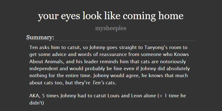 torfight's tweet photo. your eyes look like coming home

🐱john/ten
🐱6k words
🐱slice of life, friends to lovers, canon comp fluff, 5+1
🐱written for @JohnTenFicFest 

link: https://t.co/Fq4yti4QSB https://t.co/YI73ZKShvl
