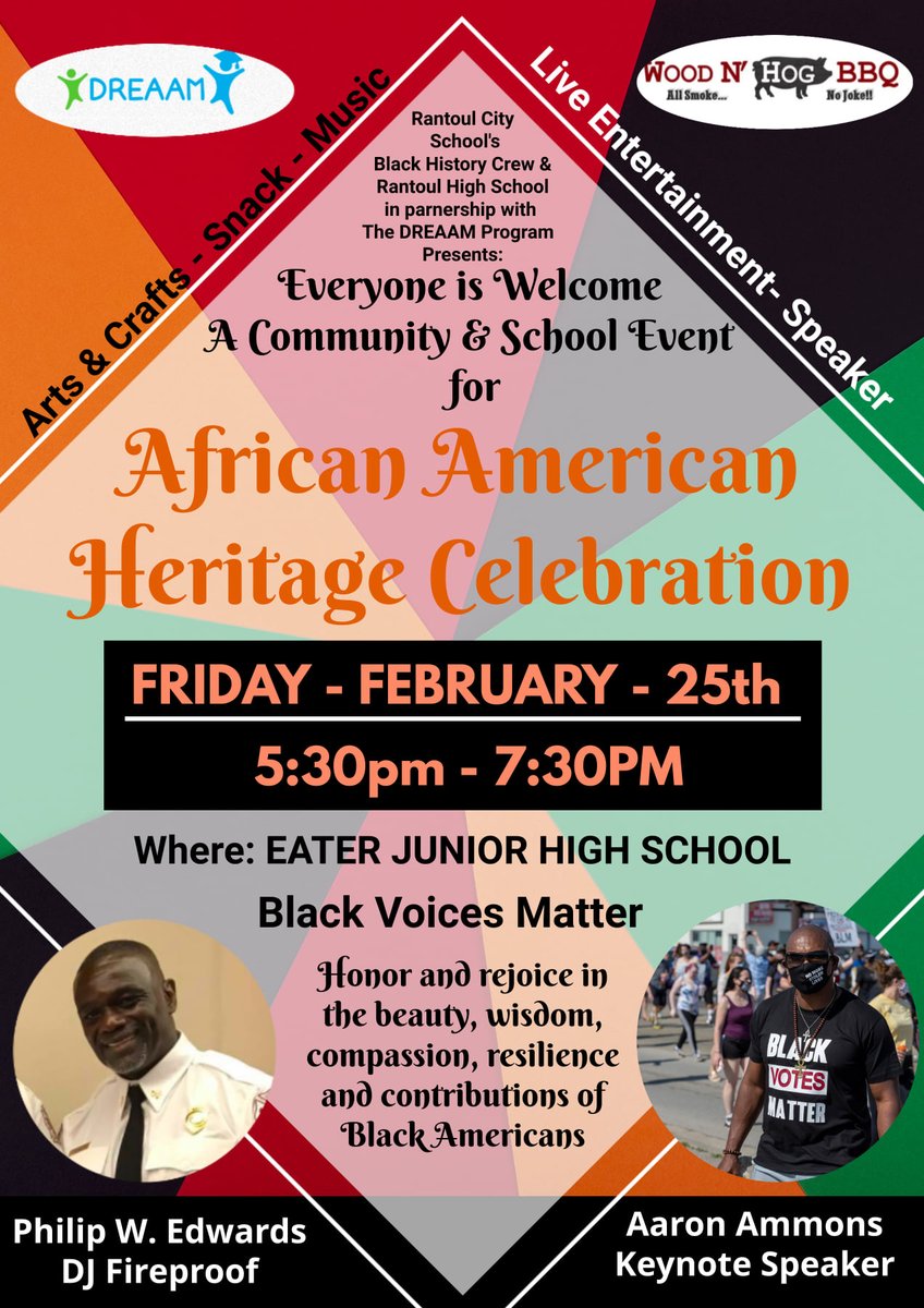Rantoul_137's tweet photo. All families and community members are invited to attend the RCS African American Heritage Celebration this Friday, February 25 from 5:30-7:30 at JW Eater Junior High. https://t.co/nOqkNP1niw
