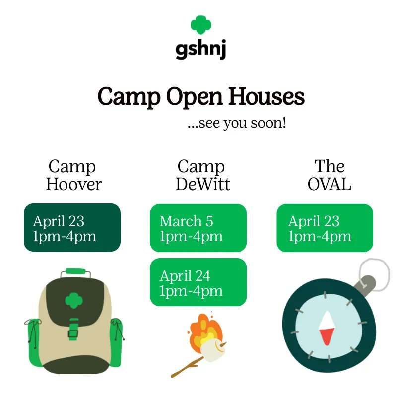GSHeartofNJ's tweet photo. New to summer camp? Join us and learn more! Come for an open house and meet a staff member or two, see the site and get your questions answered about our programs and day to day activity! https://t.co/ItBWBXAwYK https://t.co/5qj004VYBH