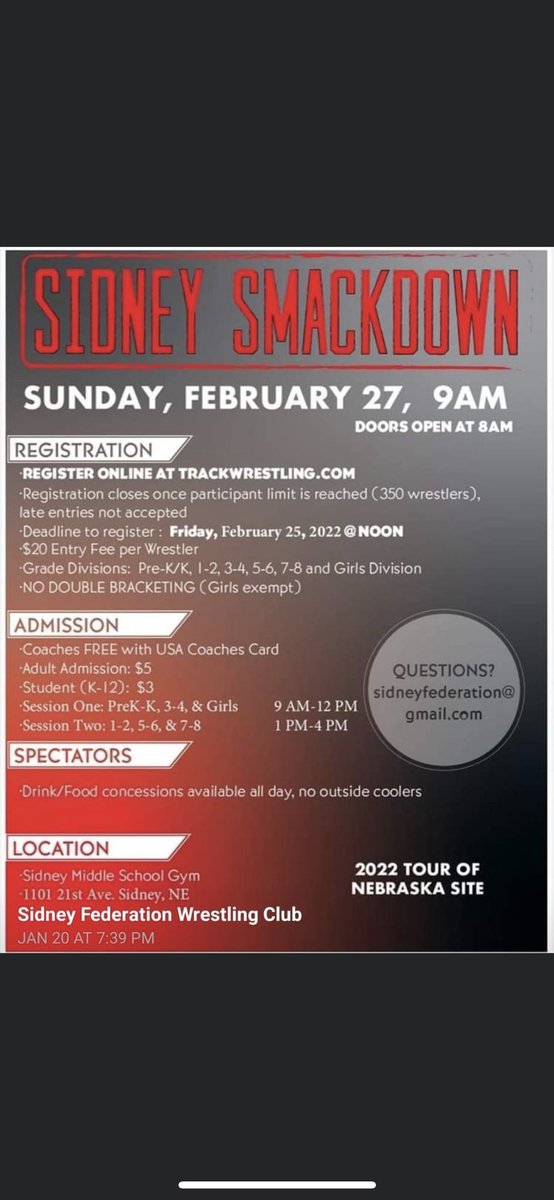 It’s that time of year again for our Sidney Smackdown Tournament. We encourage all Sidney wrestlers who are signed up under the club to wrestle at our own tourney. All wrestlers and volunteers, don’t wait and get signed up today #swc
