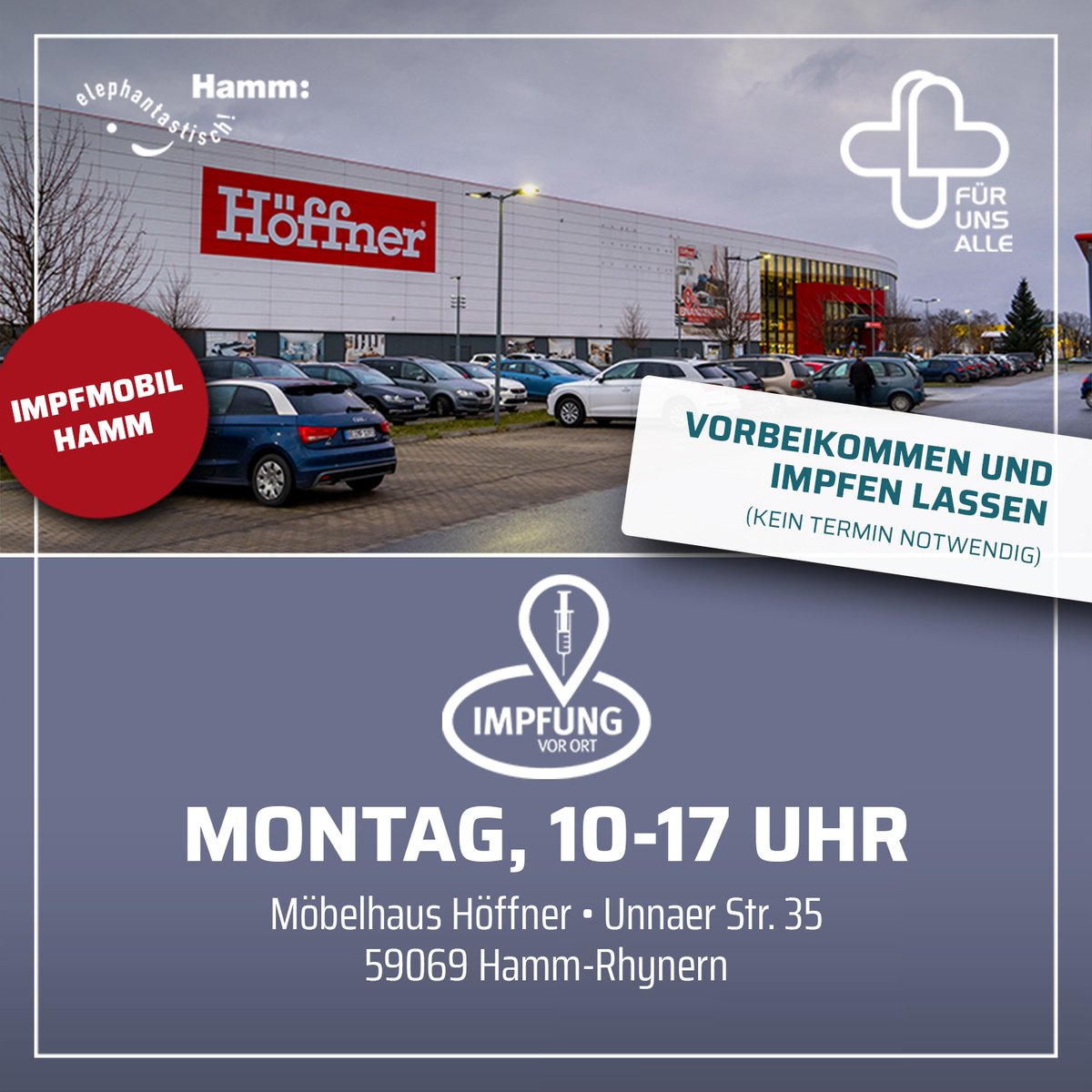 hamm_stadt's tweet photo. Bei Möbel #Höffner in #Rhynern könnt ihr euch morgen impfen lassen. Von 10 bis 17 Uhr steht auf dem Parkplatz unser #Impfmobil. 💉 Mehr Infos auf: https://t.co/2zj4mpmjB4 https://t.co/0PmRheXmkk