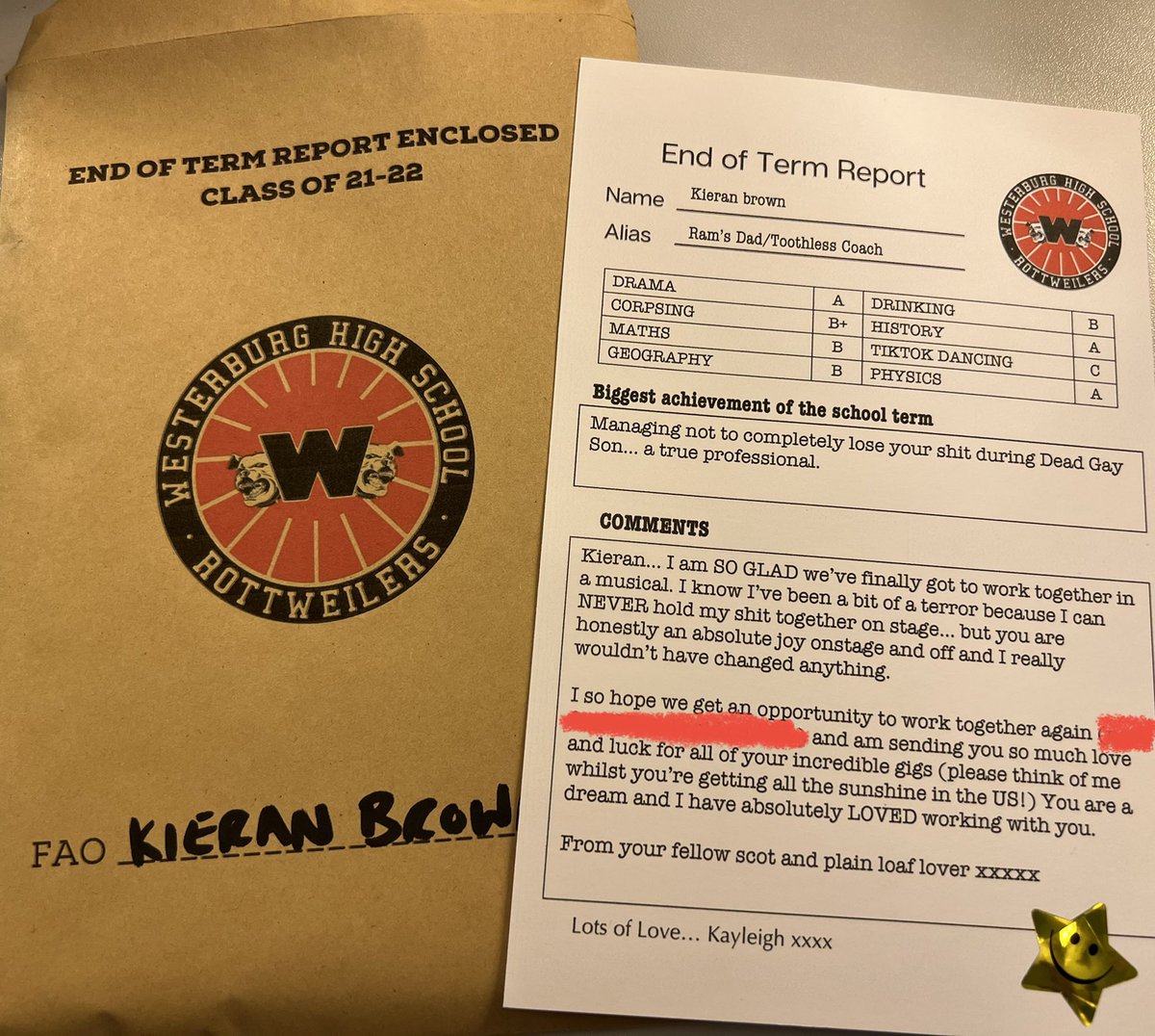 Kierbro's tweet photo. My end of term #WesterbergHigh school report (courtesy of the AMAZING @ohhkaeli!!!) #heathers #heathersmusical 💚💙💛💔 https://t.co/FgkZAGDrjX
