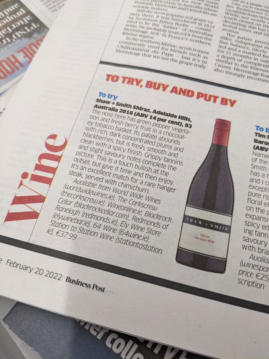 @shawandsmith's Adelaide Hills Shiraz is 'one to try' for @GlassOfRedWine in today's @businessposthq. Established in 1989 by cousins Martin Shaw & Michael Hill Smith. Shiraz has proven to be a star performer when carefully managed in the cool climate of the Adelaide Hills 🇦🇺