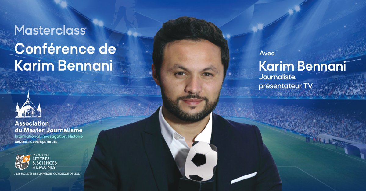 MasterHJ_Lille's tweet photo. 👉 Ce jeudi, coup d'envoi d'une rencontre haute en couleur avec un journaliste tout-terrain ! Nous recevons @KarimBennani_, journaliste sportif et présentateur pour @lachainelequipe et @primevideosport ⤵️ @FLSH_lille @UnivCathoLille 1/3 https://t.co/8BL0uh9P9j