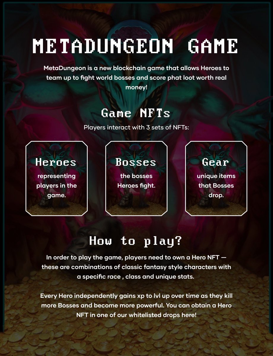 Mhiztah_harbzy's tweet image. #MetaDungeon , The next gen. of #blockchaingames introduces the first-ever autonomous #NFTs (aNFTs) that have the ability to transfer themselves to/from Heroes’ wallets (even when players are offline) &amp;amp; are capable changing their own images in response to the price of ETH.