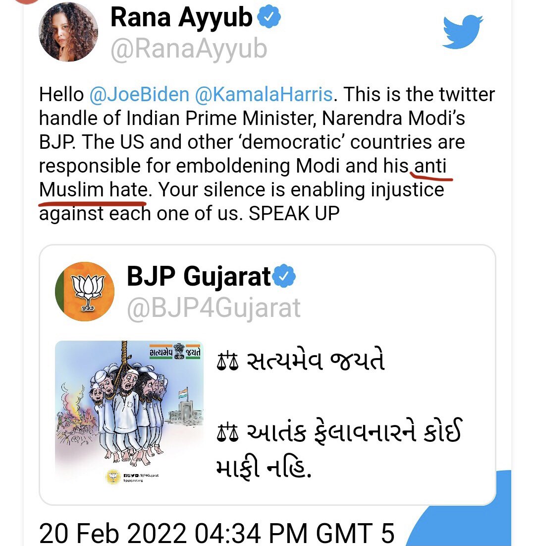 thecapnpie's tweet photo. Calling students terrorists is journalism but posting an image of actual terrorists is considered as an act of hate.

Well done BJP Gujarat !!

And more funny thing is that Rana ayyub tagged two foreigners from a country where Bible is superior than constitution. 🤣🤣🤣🤣 https://t.co/t26hWmgr7k