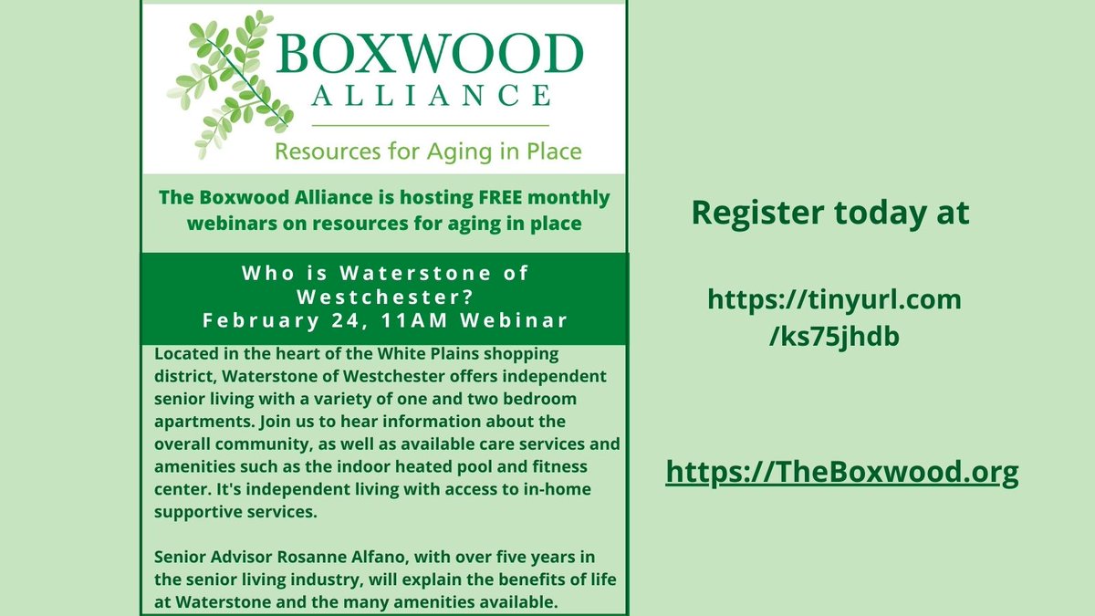 BoxwoodAlliance's tweet photo. REGISTER TODAY! The Boxwood Alliance free February webinar – Who is Waterstone of Westchester?
Register at: https://t.co/Qiq0CAqDWj
#TheBoxwoodAlliance #AgingInPlace#Westchester #Putnam #WaterstoneOfWestchester https://t.co/xVF89wmCs7