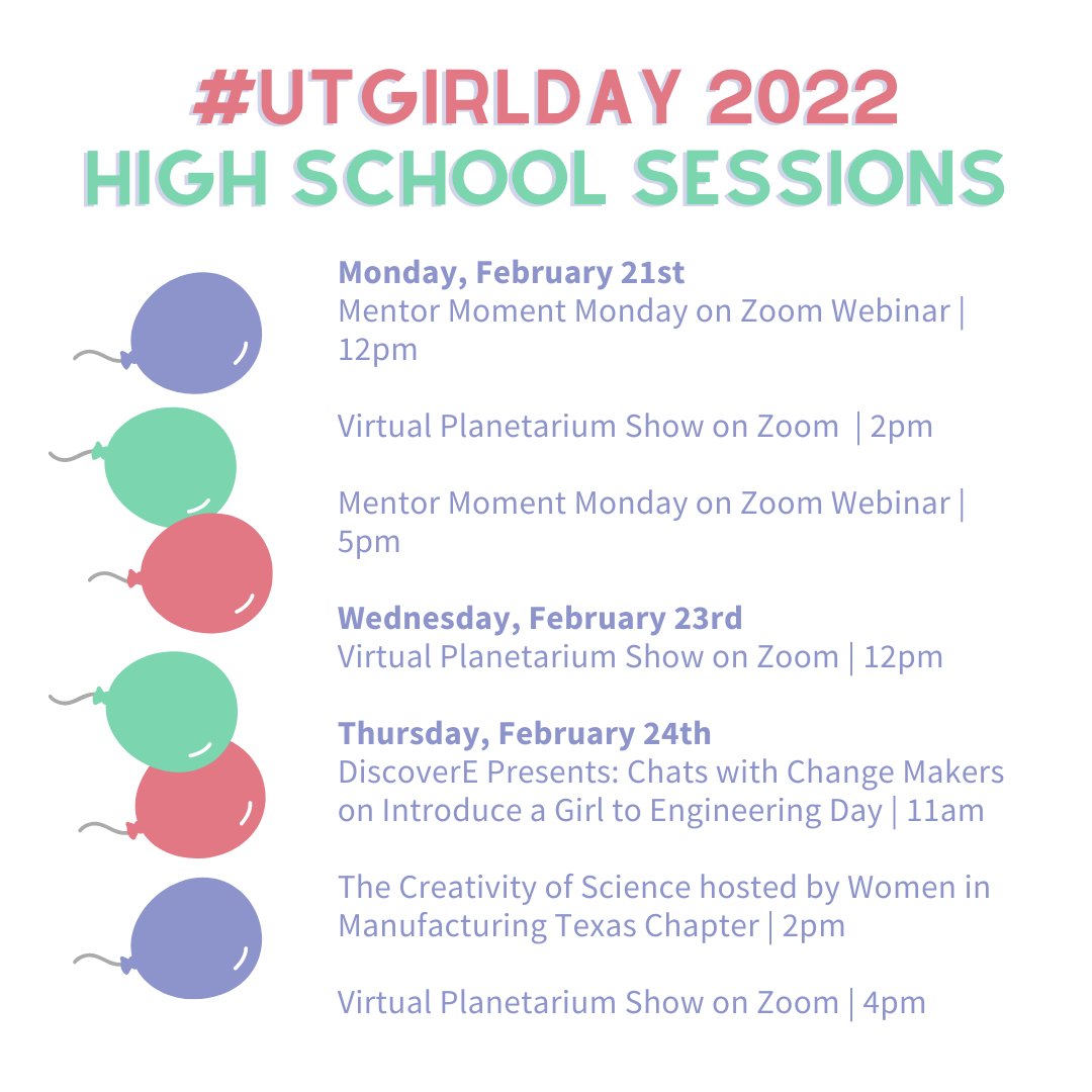 UTWiSTEM's tweet photo. We hope you all enjoyed virtual Girl Day yesterday! Remember to share your moments with #UTGirlDay :) 
Missed out on the fun or craving more? Not to worry, we have high school sessions planned throughout engineers week! visit https://t.co/mhPaNitqn5 for more info :) https://t.co/jLrnPpxhM8