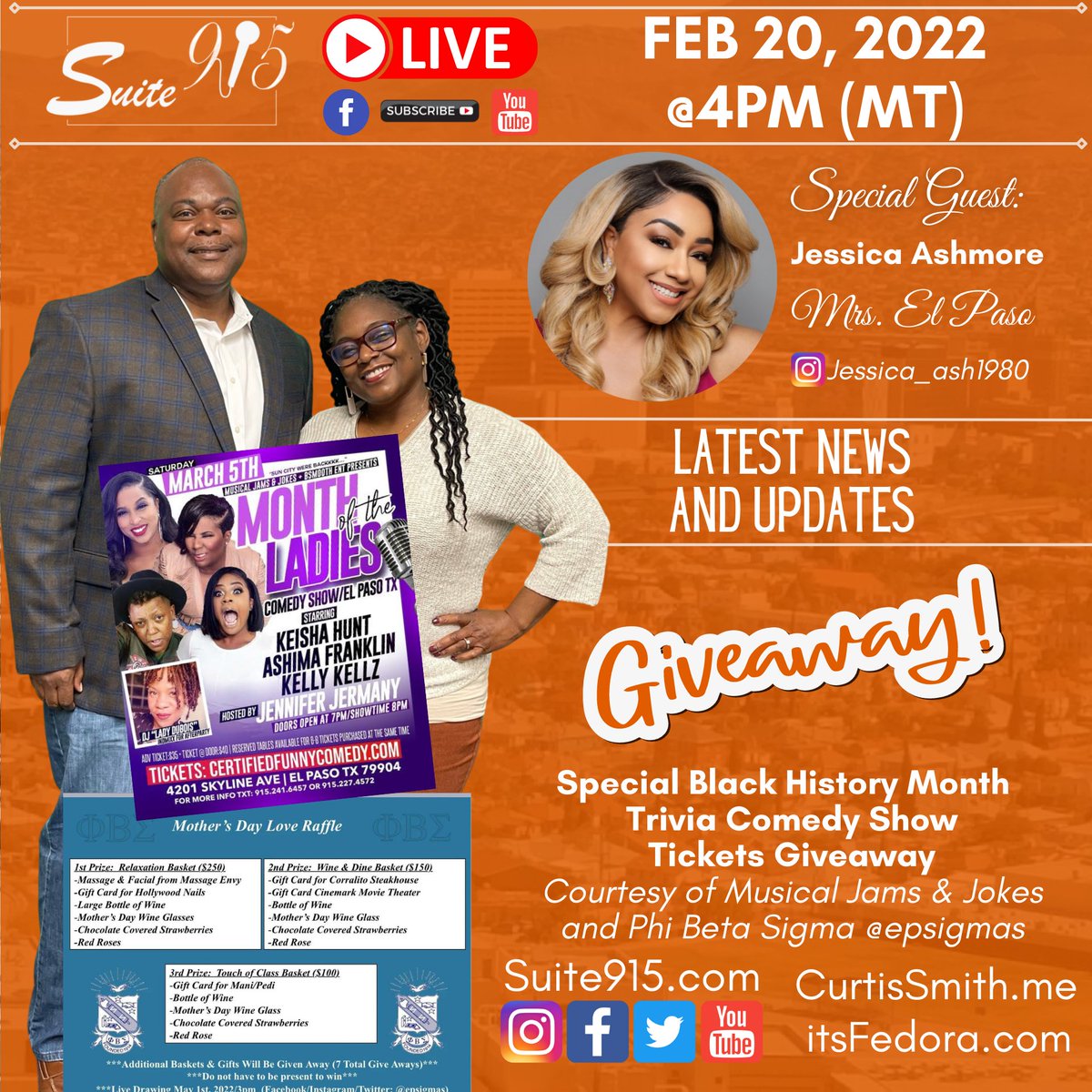 Suite915's tweet photo. Join @HostCurtisSmith  and @itsmefedora on @Suite915 Live at https://t.co/t6UR8sfYe3 or YouTube - https://t.co/jRhpTRkUtf  #elpaso #suite915 #curtisandfedora #scholarships https://t.co/dFA0m7tjTB