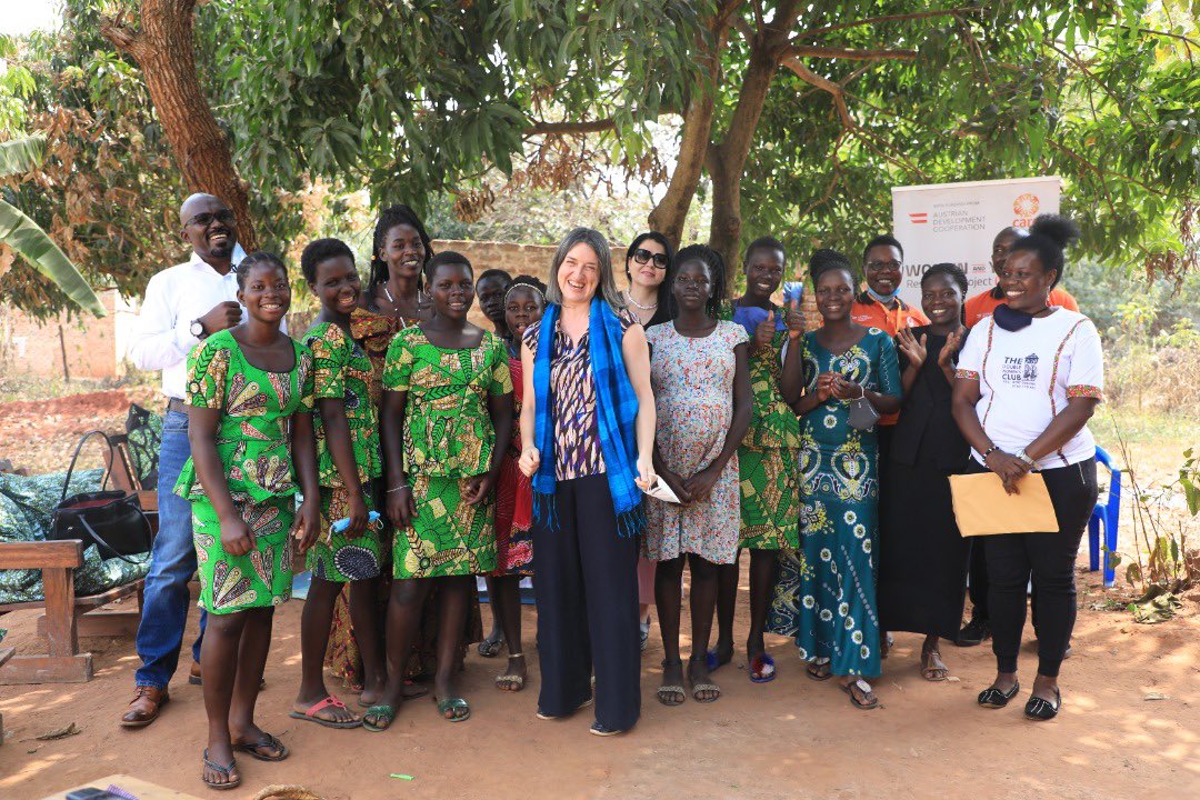 CAREUganda's tweet photo. It was a pleasure hosting the Head of @AustrianDev and Governance Advisor Dr Kremser &Katja respectively in Gulu. They visited some of the work by under the #WAYREP project supported by ADA. Dr Kremser emphasised 3things to the girls: importance of school, FP &No violence. https://t.co/rrfEQUPybO