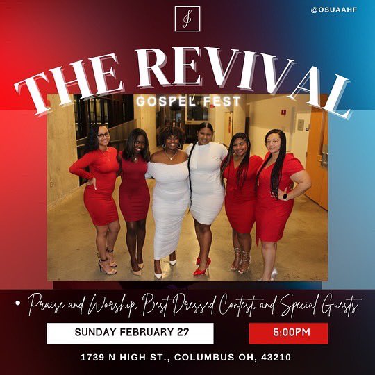 OSUAAHF's tweet photo. It’s time to grab your best church hat and prepare to be REVIVED!
This Sunday, February 27th, join us at the 44th Annual Gospel Fest, “The Revival”!🎶🎤

This event will include live performances, praise and worship, and a best dressed contest!! RSVP at the link in our bio🤩 https://t.co/75tf3rJdSP