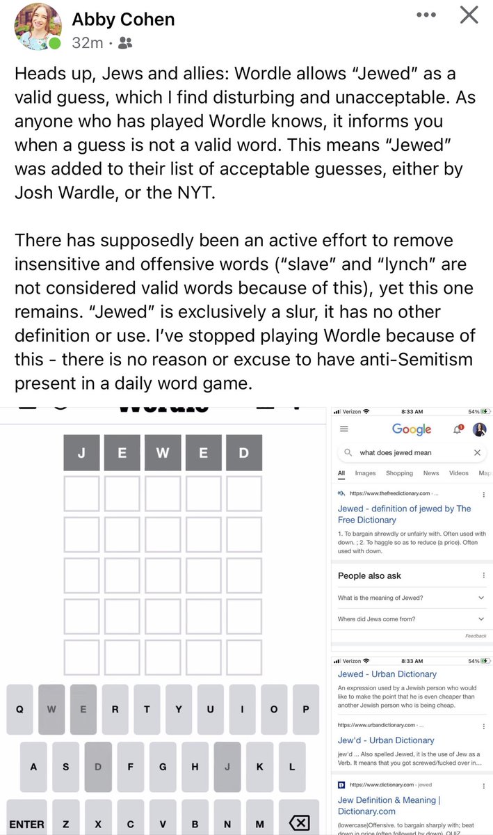 gali_gordon's tweet photo. @nytimes - banned the word slave and at the same time allows “Jewed.” Care to explain? #nytimeswordle https://t.co/2nrPwoPLdx
