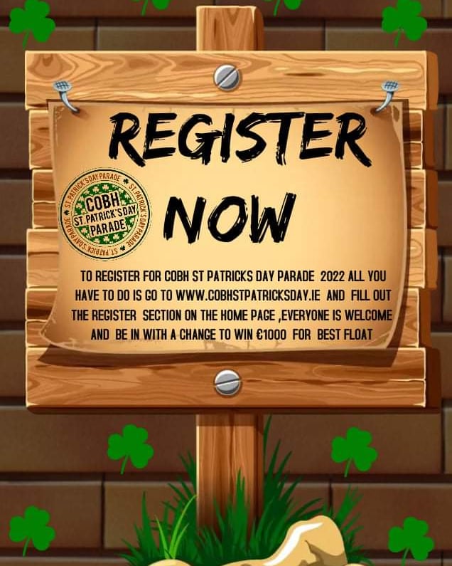 CobhSt's tweet photo. 🇮🇪Registrations for Cobh St Patricks Day parade 2022 are coming in fast ,if you havent entered yet you can do so by going to https://t.co/JlTxSdl8NJ and filling out the Register section on the Home page 
 
By participating on the day you have the chance to win €1000 
☘️☘️☘️☘️☘️ https://t.co/xzIeQd7Hax