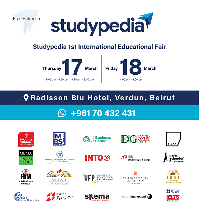 Join us for our very first education fair on March 17th &amp; 18th at Radisson Blu Hotel, Verdun, Beirut. Meet with representatives from top universities across Europe, the UK, and the US.

Free entrance. Register now and  get a free assessment/ consultation
studypedia.com/events/march-e…