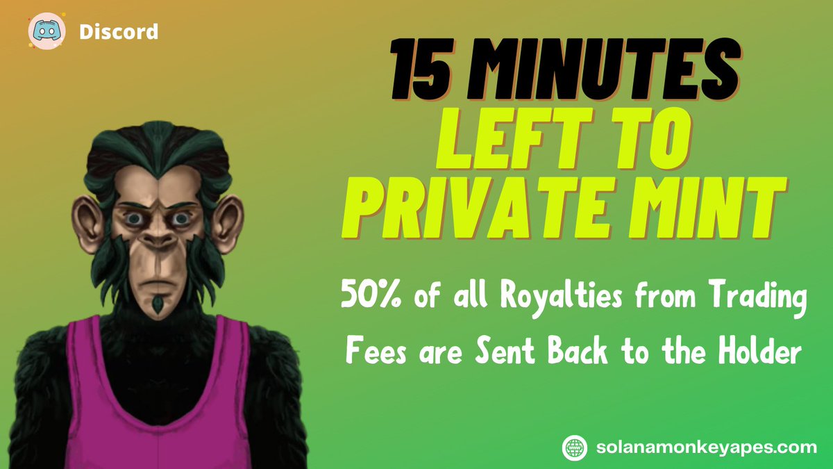 SolanaMonkeyApe's tweet photo. 15 minutes left to Private mint Phase 3 😎
Finger crossed 😮😮
#solanamonkeyapes #sma #NFT #SolanaNFTs #mintnft #NFTMinting #NFTMintAlert
Join us on discord: https://t.co/g9ndZ3OWdQ https://t.co/Myw2YJ4ABv