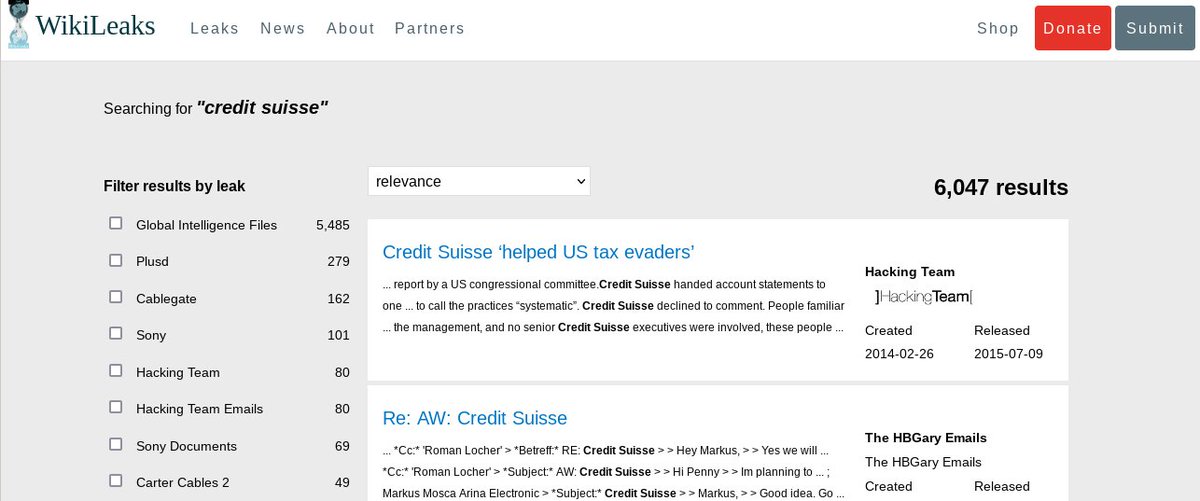 wikileaks's tweet photo. Over 6000 results from the WikiLeaks archives on Credit Suisse available for research #SuisseSecrets 
Link: https://t.co/CApPuJc4qe https://t.co/Wlq9Eav9yE