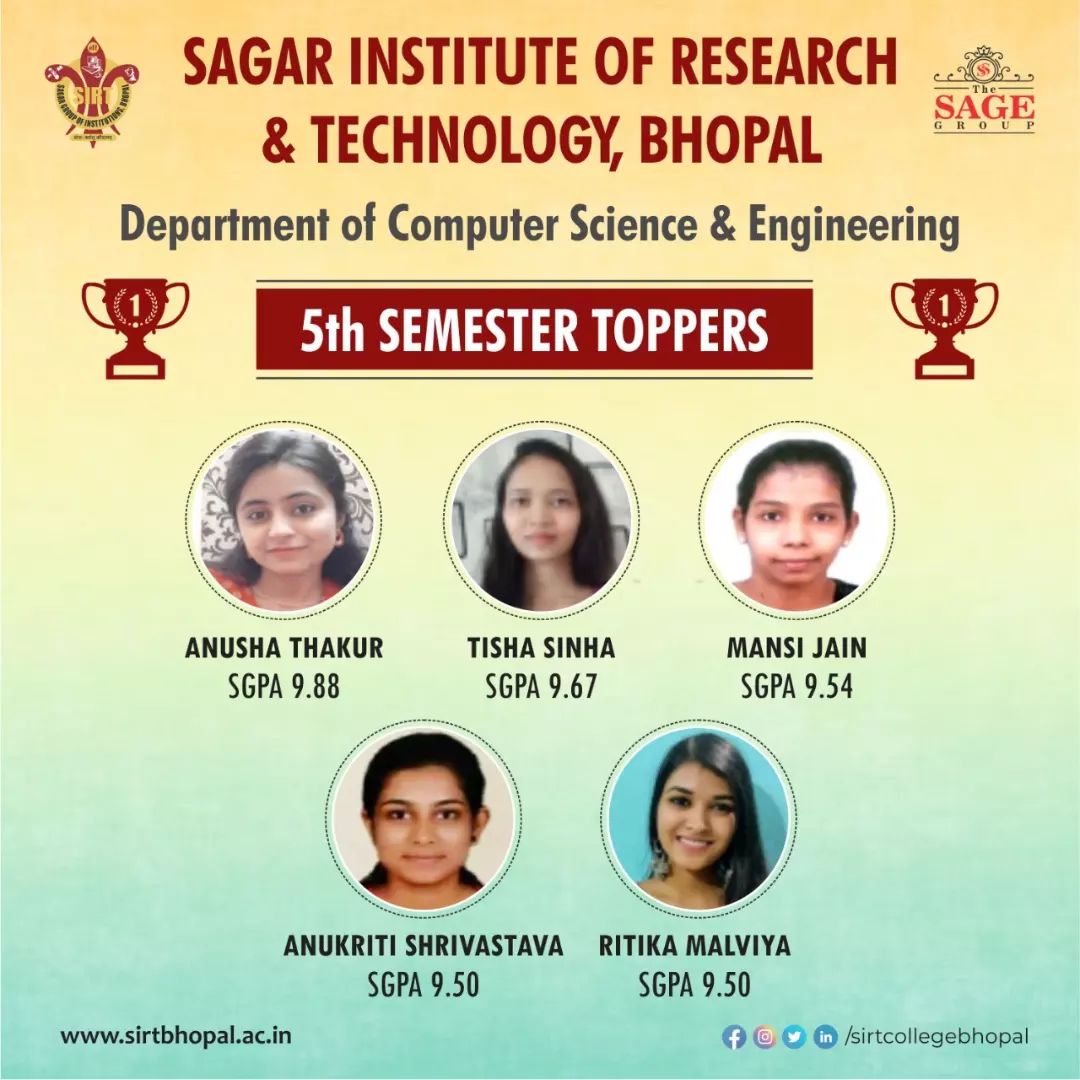 SIRT_BHOPAL's tweet image. The Sage group congratulates all the *Toppers* of Computer Science &amp;amp; Engineering, V Sem for their grand success and achievement. Wishing all of them good luck for their successful future endeavours.
#TheSageGroup  #SIRT #SIRTSP
#BestEngineeringCollegesinBhopal