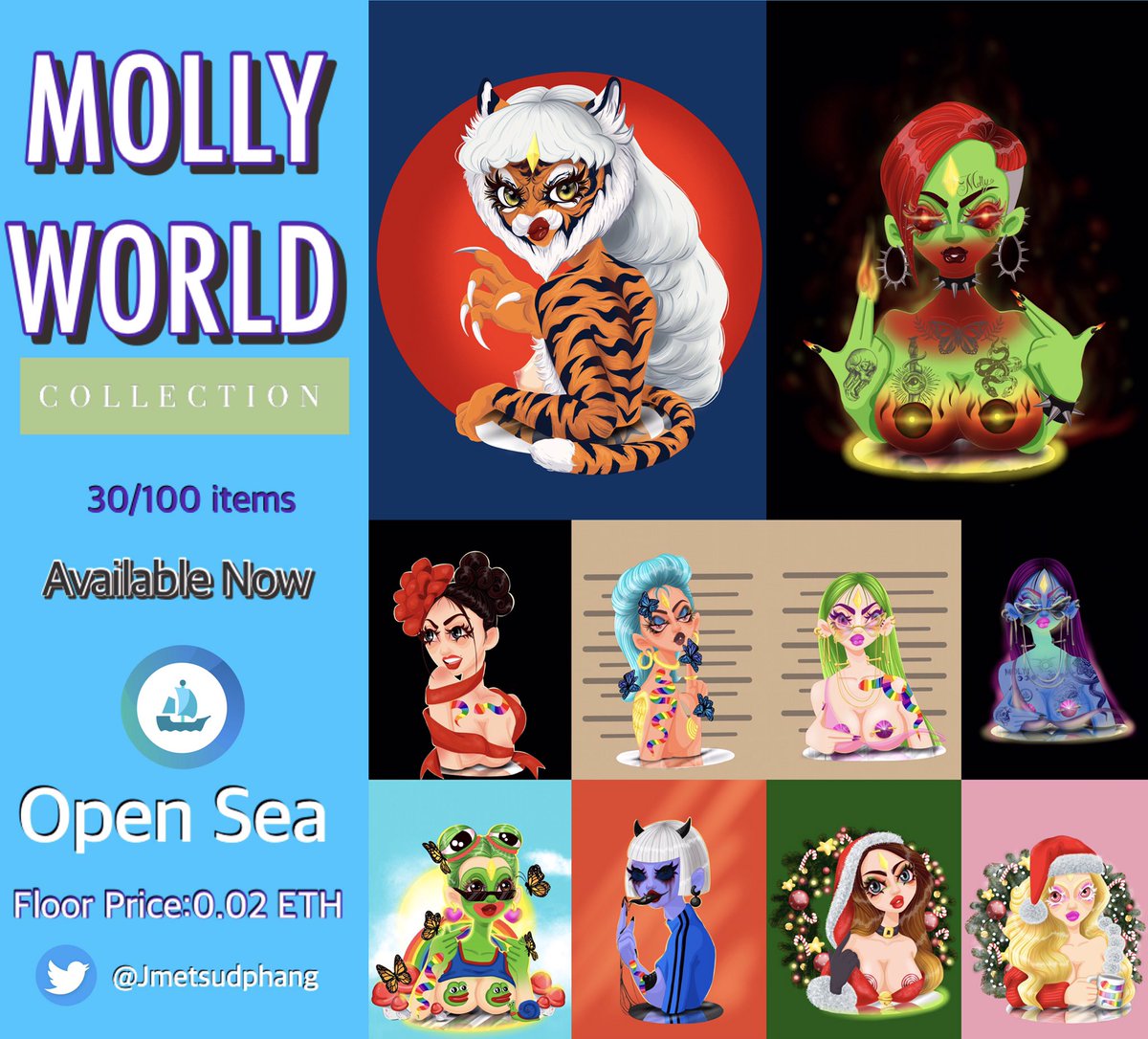 🌈MOLLY WORLD COLLECTION 🏳️‍🌈
Drop now! 30/100 items 
Price : 0.02-0.088ETH

I draw a character to release my feelings.
Molly's world is a world to express myself

🌟Available Now On Open Sea 
👇🏼

opensea.io/Jmet_suphang

 #NFTTHAILAND #NFTCommunity #LGBTQ #NFTJapan #nftcollector