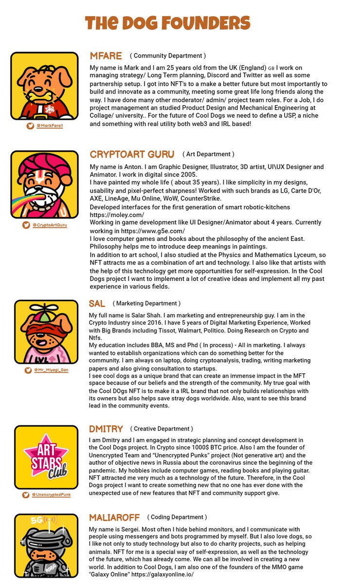 JmsOG_NFT's tweet photo. Meet the @Cool_Dogs_ team! 

Awesome sneak peek of the description of each of the founders! 

#CoolDogs #DogsofTwittter #NFTs https://t.co/EN7v6ntwHQ