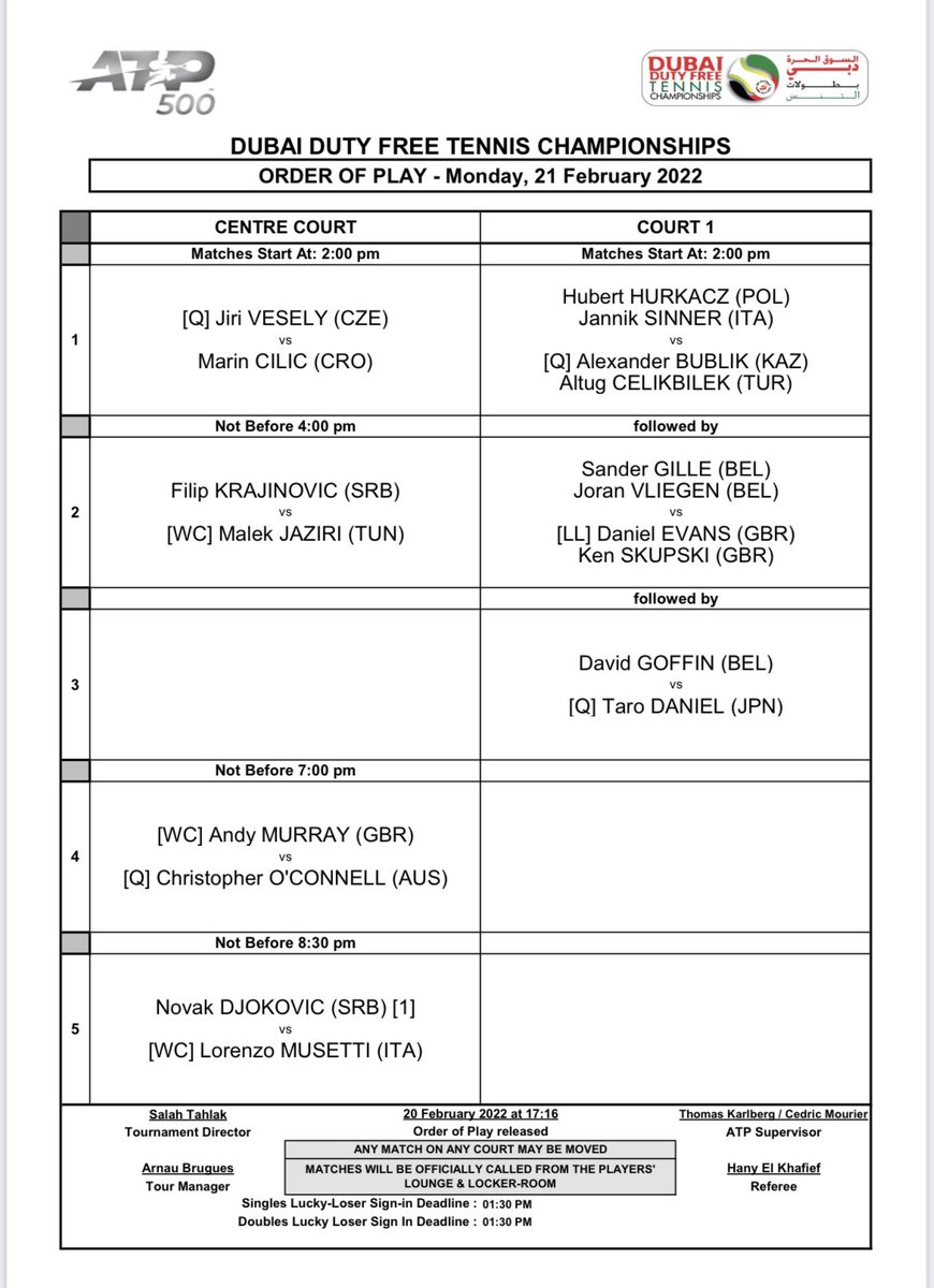 DDFTennis's tweet photo. Order of Play - Monday 21 Feb 🎾🔥 https://t.co/CAqunQ8XIB