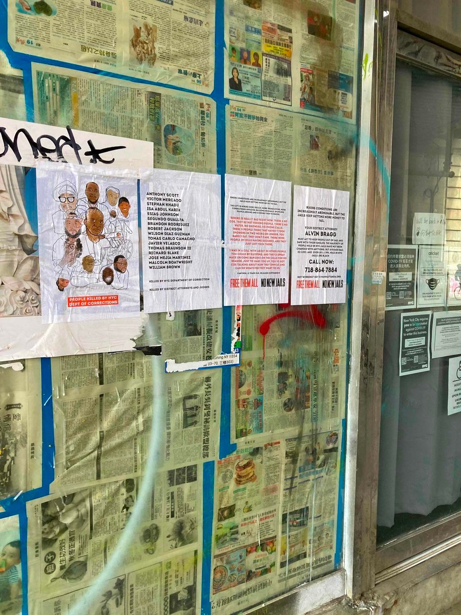n_th_n_'s tweet photo. Spotted in Chinatown NYC, where electeds intend to build the tallest jail in the world:
Abolitionist art calling to shut down Rikers w/ no new jails, naming that Rikers is a death camp &amp; the answer is *not* new jails, &amp; commemorating those the state killed through caging in 2021. https://t.co/6tsLdVDqVT