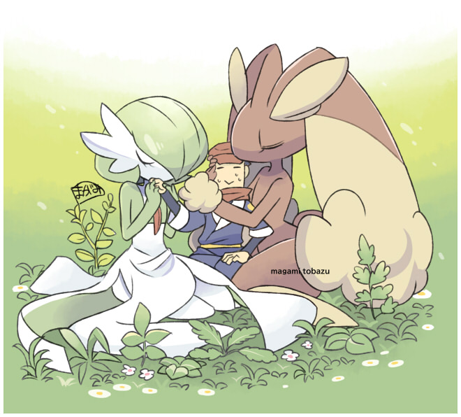 gardevoir ,lopunny pokemon (creature) 1boy multicolored skin u u two-tone skin flower closed eyes  illustration images