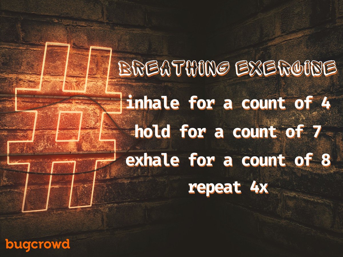 Bugcrowd's tweet photo. Hacking a lot this month? Feeling stressed or tired and need to reset your mind? 🙋‍♂️ 🙋‍♀️ 

Try this simple breathing exercise to relieve stress and give yourself an energy boost to keep finding those bugs! 🐛 🔋 ⚡ 

#AvoidHackerBurnout https://t.co/kUddM7fO6I