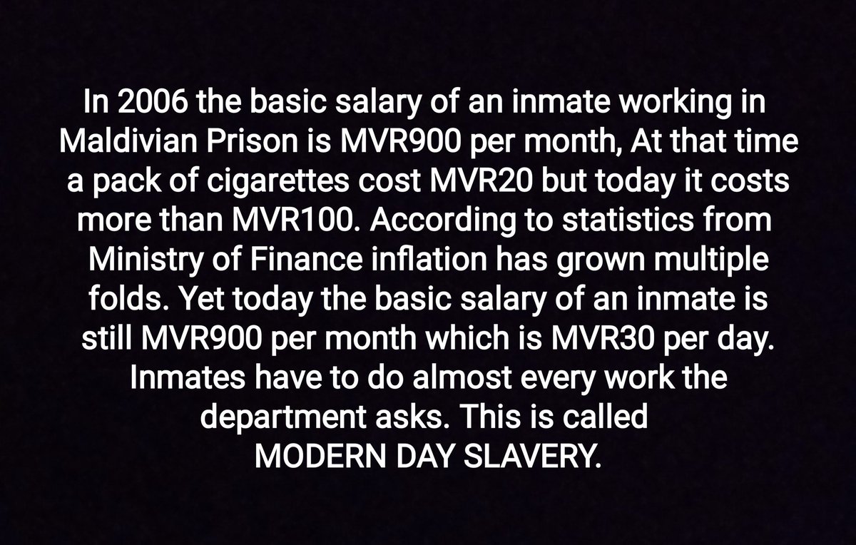 Many might think that inmates are not the best group to talk about rights. We work as hard as anyone else to earn money to fulfill our basic needs. We refuse to give up! Stop the slavery! <a href="/iameeru/">Ibrahim Ameer 🇵🇸</a> <a href="/faya_i/">Fayyaz Ismail</a> <a href="/ibusolih/">Ibrahim Mohamed Solih</a> <a href="/MohamedNasheed/">Mohamed Nasheed</a> <a href="/Imthiyazfahmy/">𝐈𝐦𝐭𝐡𝐢𝐲𝐚𝐳 𝐅𝐚𝐡𝐦𝐲</a> <a href="/ESAmaldives/">Esa Abdulla 🇵🇸Free 𝓟𝓪𝓵𝓮𝓼𝓽𝓲𝓷𝓮 🇵🇸</a> <a href="/mnaweez/">Akku</a> <a href="/fourmea/">forme</a>