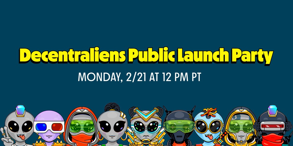 decentraliens's tweet photo. 🎉 Decentraliens Public Launch Party w/ @alexhughsam

Join us for a chat about the Decentraliens NFT collection before the public mint goes live.

Mon (2/21) @ 12 pm PT (Twitter Spaces)

https://t.co/GWfWjroPNK https://t.co/xstbkIYadM