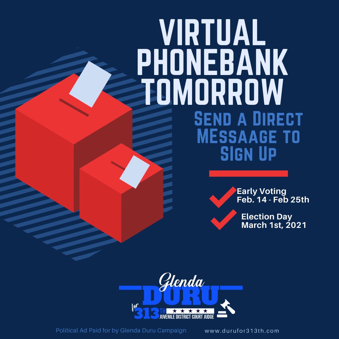 We are almost to March 1st. Help us reach more voter thru calling. We will have a in person and virtual option. Send a direct message for details. 

#DURU4JUDGE
#DURUFOR313th 
#YOURVOTEMATTERS
#ROCKTHEVOTE
#PRIMARYELECTION
#RUNFORSOMETHING