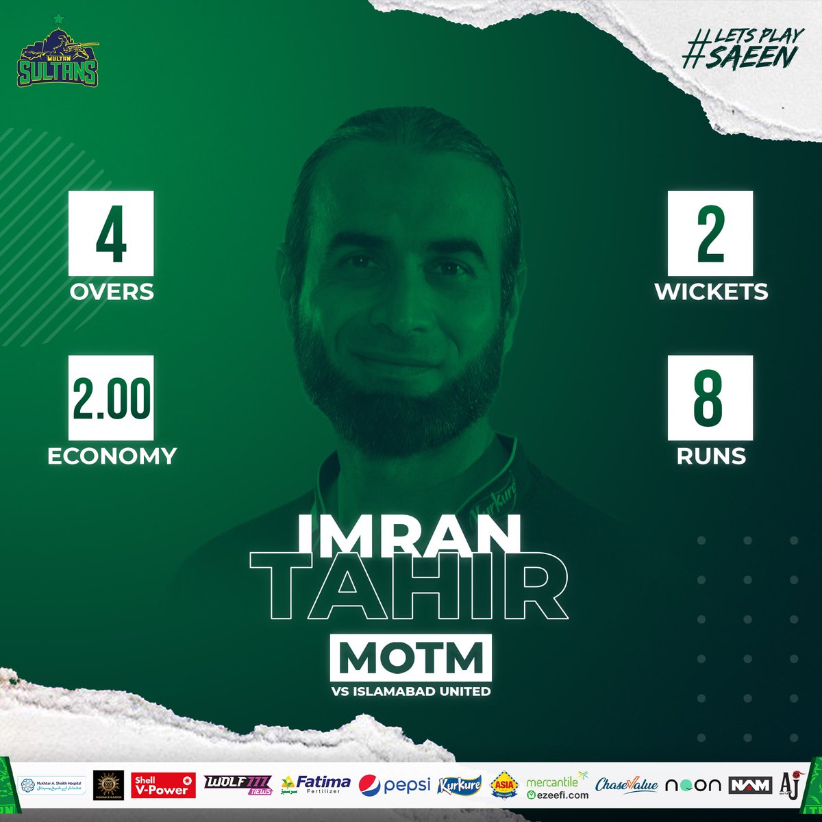 MultanSultans's tweet image. Your man of the match #Janoobis 

@ImranTahirSA 

#JobNotDoneYet #HBLPSL #SultanAaGayya
