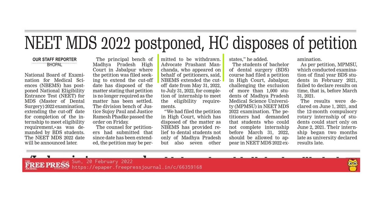 vaibhavkaradale's tweet photo. Post Adv Prashant Manchanda Sir representing dental students before the Division bench of the MP High Court, the Ministry of Health (MoHFW) has extended the cut-off date for completion of compulsory internship thus granting relief to thousands of students across India. (1/2) https://t.co/iYyfM9TozQ