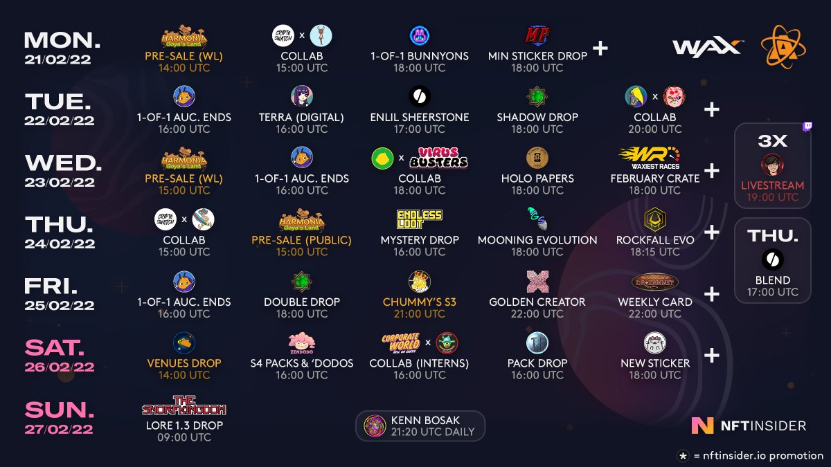 We've got a MAMMOTH week ahead on <a href="/WAX_io/">WAX</a> / <a href="/AtomicHub/">AtomicHub</a>! 🤯 #NFTdrop #NFTDropsCalendar 

📅 nftinsider.io/tw43/

<a href="/Harmonia_Goya/">Harmonia Goya's Land 🌳</a> @tacowax <a href="/senorLupe/">SEÑORLUPE</a> <a href="/Unlinked_Wax/">Unlinked</a> <a href="/BunnyonWorld/">🌈 Bunnyon World 🐰🌎🌍🌏</a> <a href="/metaforcecomics/">MetaForce Collective</a> <a href="/Crypt0monKeys/">cryptomonKeys | Free #NFT #collectibles</a> <a href="/NftWaxy/">Waxy</a> <a href="/NftPizza/">Pizza slice🍕🩷</a> <a href="/TokenLands/">TokenLands || Official</a> <a href="/cryptoswatches/">Crypto Swatch</a> <a href="/VirusBustersNFT/">Virus Busters</a>