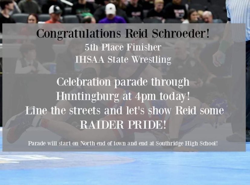 A BIG congratulations to Reid Schroeder as he placed 5th at the state wrestling tournament‼️Below is parade info. for this afternoon!
