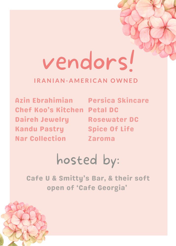 NazaninNour's tweet photo. Mark your calendars for a special #Norooz pop up in #DC 🥳#Iranian American vendors galore 
🌸🌺💚🤍❤️ https://t.co/L6e7ECfvSv
