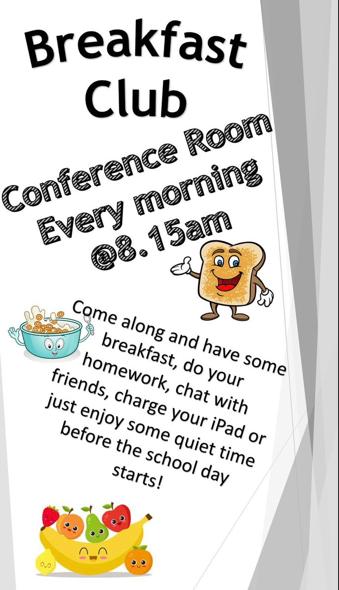 Remember we have a #BreakfastClub every morning in <a href="/WhitehillSec/">Whitehill Secondary</a> 
From 8.15 in the conference room @MissJDonaldson <a href="/MsAndersonDHT/">Ms Anderson</a>