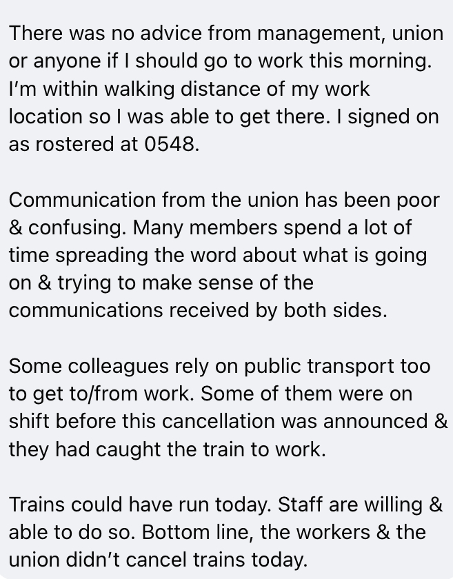 A train driver in Newcastle says he woke up at 5am, ready to start work but read an early morning email from TfNSW that all trains were cancelled. He says he signed on as rostered at 5.48am