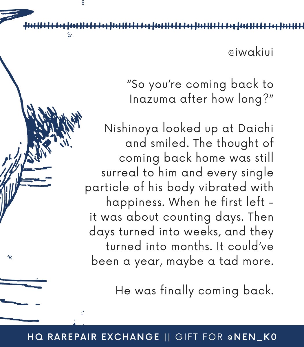 🦢 ocean's heron 🦢
teen and up • 6.4k words • #yakunoya (or #noyayaku 💭)
- tags in the thread - 

[a <a href="/HQRarepairExng/">Haikyuu Rarepair Exchange || Pinch Hitters Open!</a> story for <a href="/Nen_K0/">Nen</a> ❤️]

🔗: archiveofourown.org/works/37251853