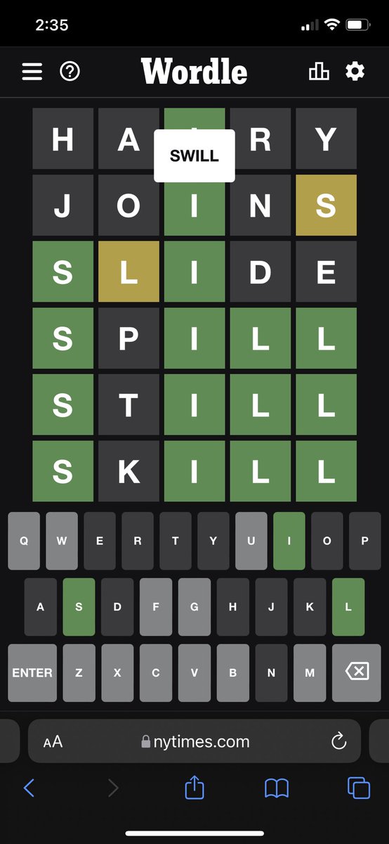 toniblockburger's tweet photo. I still can’t believe I lost my wordle streak bc of the word ‘swill’ https://t.co/5vN7G2DXi3