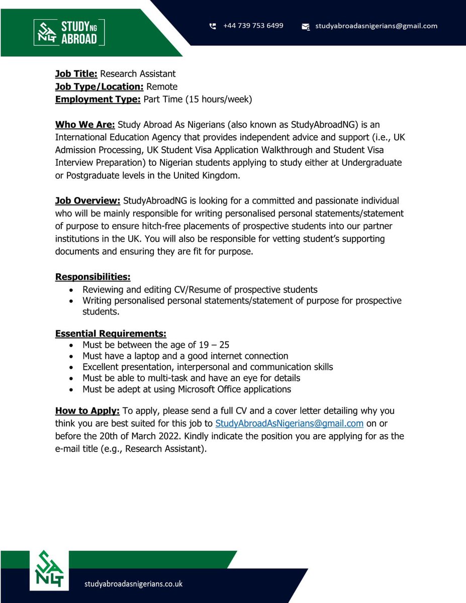 StudyAbroadNG's tweet photo. We have a vacancy at StudyAbroadNG. We’re seeking to employ a Part-Time Research Assistant. 

Please get in touch if you’re interested. https://t.co/UMnmrBc3AN