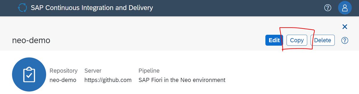 ski_at_work's tweet photo. Speed up your pipeline setup in SAP Continuous Integration and Delivery with the new "copy" feature.
I subtly highlighted the button in the screenshot, so no more excuses for not having a proper pipeline, people. https://t.co/SPYLzVtOtH