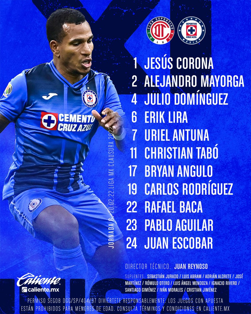 CruzAzul's tweet photo. Listo el XI que va a iniciar en Toluca. ⬇️

¡Apuesta en @calientesports $400 por La Máquina y cobrarías $980! 

📲 https://t.co/l16wtRrear

#MásAcciónMásDiversión
#ApuestaPorLaLigaMX https://t.co/kUEtGraJlU