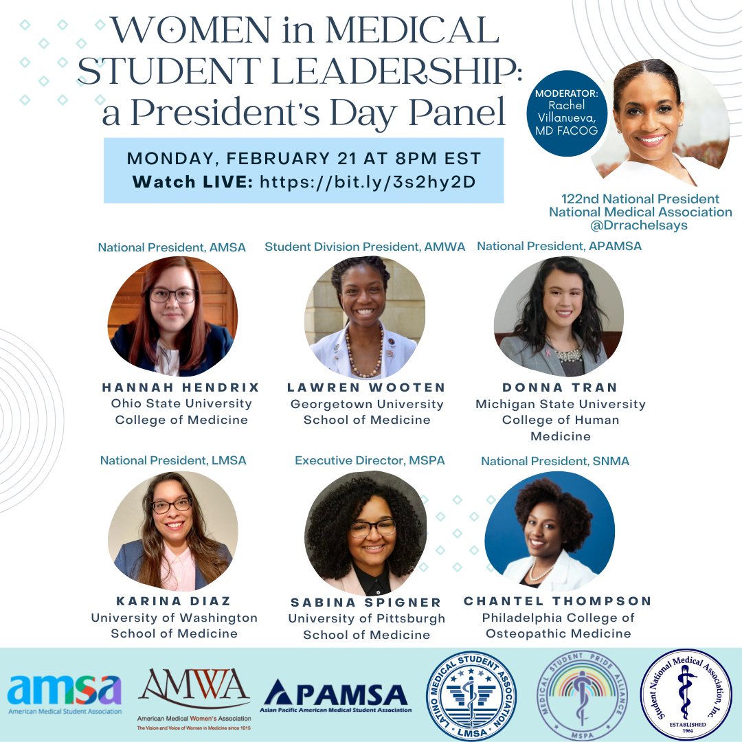 Join the leaders from @AMSANational @APAMSA @LmsaNational @MSPA_National @SNMA & @AMWAStudents discuss the road to national leadership & the challenges women face as leaders in medicine. Moderated by @DrRachelSays  

Live streamed on 2/21 8PM ET bit.ly/3s2hy2D