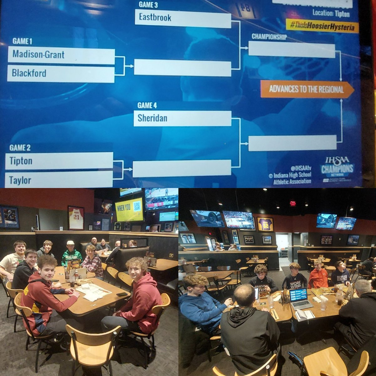Watching the <a href="/IHSAA1/">IHSAA</a> <a href="/IHSAAtv/">Champions Network</a>
sectional draw with the boys at <a href="/BWWings/">Buffalo Wild Wings</a> and having a great time with the Sheridan players, coaches &amp; parents who made it out. It's either Tipton or Taylor for us Friday, March 4th. Go BLACKHAWKS!!
<a href="/coachflemmer/">Chip Flemmer</a> <a href="/ckschrank/">Chris Schrank</a>
@scsBlackhawks