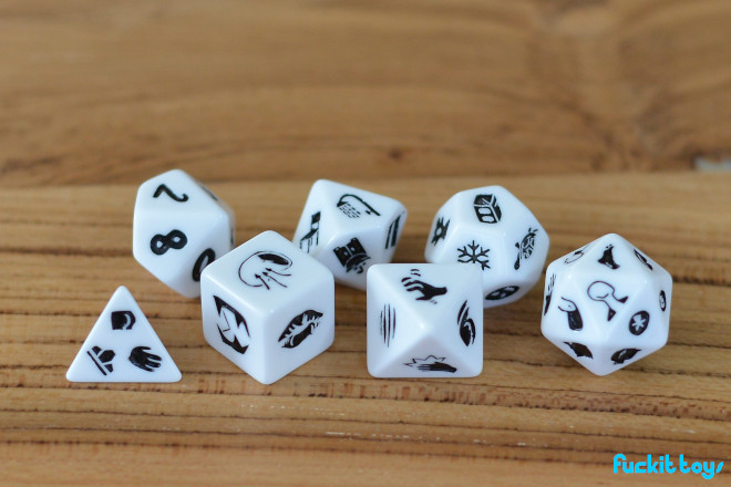 FunkitToys's tweet photo. Funkit Toys Presents: Random Encounters Sex Dice! A full set of polyhedral nerd dice to really get you rolling. Designed to be used by anyone, with anyone else, these dice are gender neutral and come with stickers to cover any sides that don't work for you. https://t.co/nLLsup96Md