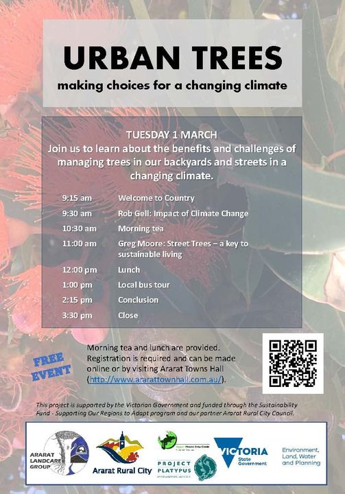 Have a say on trees! Council has partnered with the Ararat Landcare Group to deliver a free Urban Tree Seminar on Tuesday, 1 March to discuss the benefits of trees, both in backyards and in our streets. 
Register for the event here: ararattownhall.com.au/event/urban-tr…