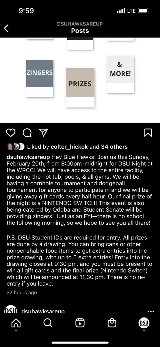 Attention DSU Students: Join us tonight at the WRCC for corn hole, dodgeball, swimming, food, prizes, &amp; more! It’s free, all you need to bring is your Student ID! If you’d like extra entries into the prize drawing, bring non-perishable food items for the Food Pantry!