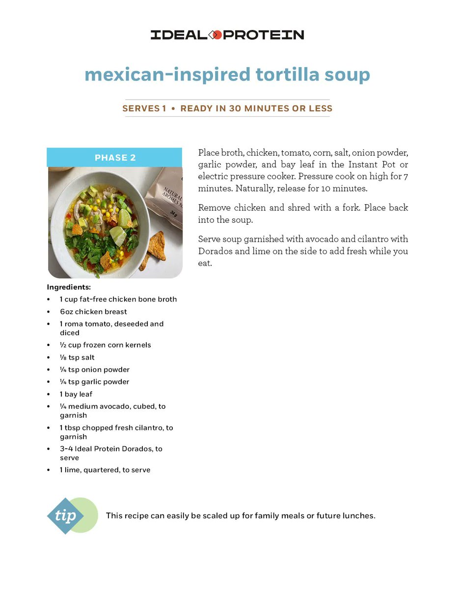 DoxaHealth's tweet photo. Sure, Taco Tuesday is great, but we’re in soup season now! This upcoming Tuesday, try our Mexican-inspired tortilla soup instead.
Juicy chicken breast, fresh corn and tomatoes, diced avocado, and Ideal Protein Dorados.
How do you use your IP Dorados?
#IPFoodHacks #IPPhase2 https://t.co/4pkgNKWnUH