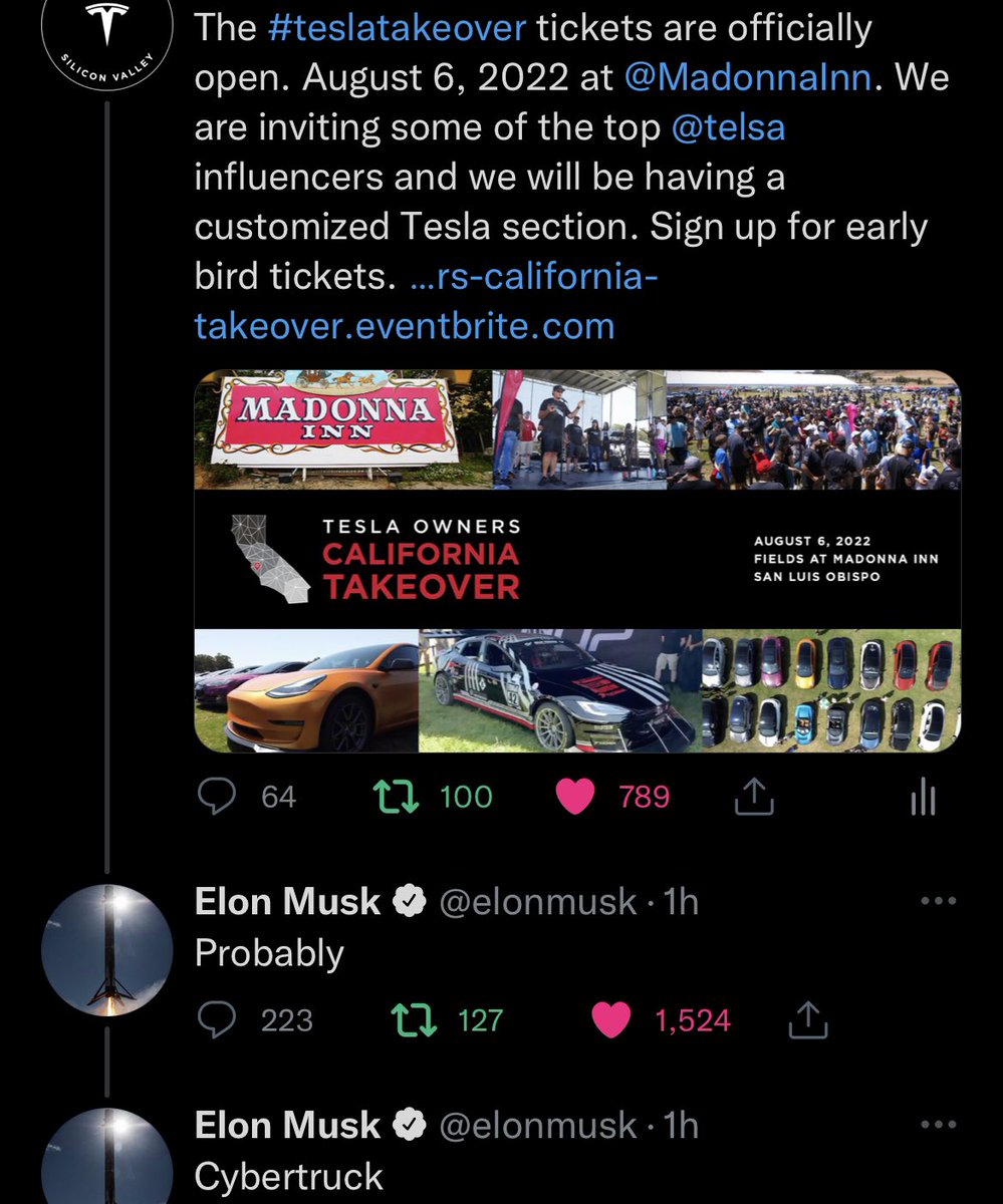 teslaownersSV's tweet photo. In case you missed it, Elon and/or the CyberTruck will be at the #teslatakeover in August. https://t.co/nl04xgwl0d https://t.co/j6UvNOROCs